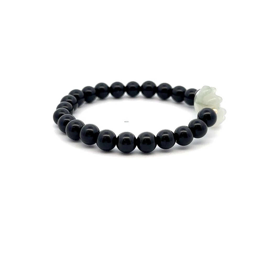 Natural Onyx Gemstones Stretch Bracelet and Carved Paw Jade with 18k Tiny Beads - Picture 3 of 6